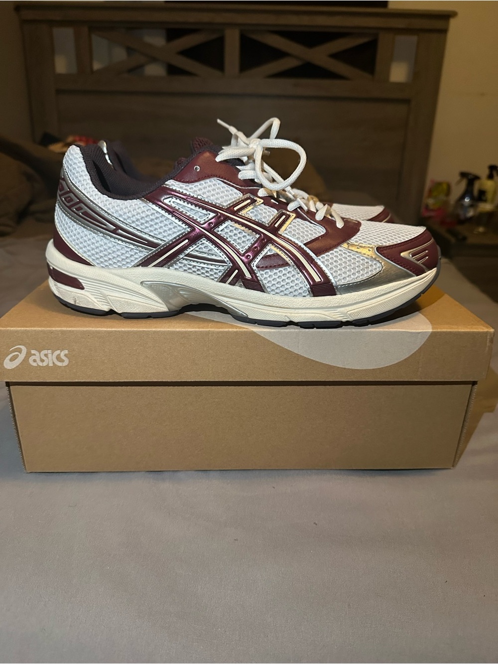 Asics White and Burgundy Lace-Up Mesh Trainers - Picture 1 of 4
